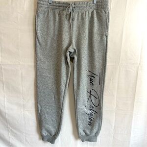 True Religion Womens Mid Rise Silver Metallic Logo Sweatpant Jogger Grey Large